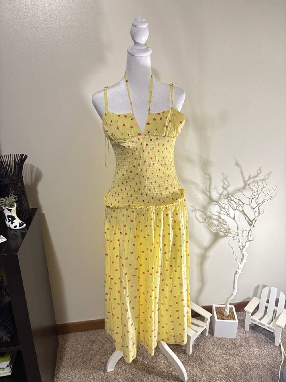 Free people Yellow Halter Maxi Dress with Red Dot Print
